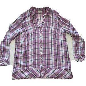 J Jill purple plaid button down rayon long sleeve tunic shirt